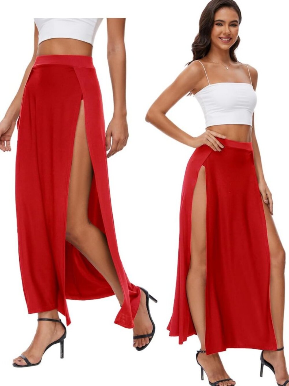 Flowy Long Maxi Skirt with High Split & Elastic Waist - Beach Party & Costume